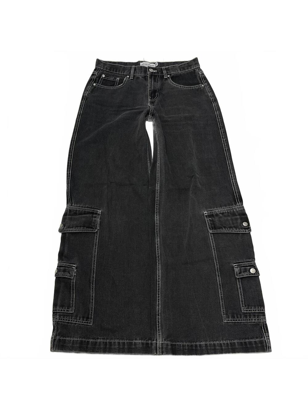 Refuge Denim Sz 3 Black Ultra Wide Leg Cargo Jeans White Stitching Grunge Goth